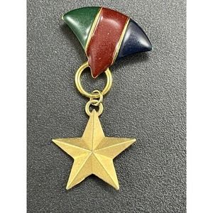 Vintage M Jent Dangling Star Pin Gold Tone Green Maroon Enamel Brooch Signed